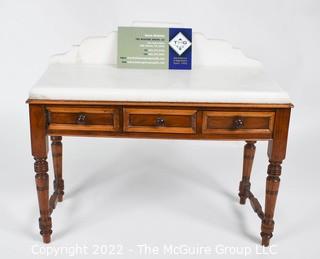 SALESMAN SAMPLE. Miniature (7 1/2 inches tall) Antique Victorian Marble Top Wash Stand or Vanity with Three Inlaid Drawers and Turned Legs, Made by Edward Stott (1838 - 1881) Cabinet Maker and Upholsterer, 110 Yorkshire Street, Rochdale, Manchester UK.  Measures 5" x 9" x 11". (NOTE: This Lot is part of a set (24RH, 25RH, 30RH, 30RHA, 31RH, 32RH).  Lot 60 RHA consists of the ENTIRE SET OF 6 LOTS. If the high bid for Lot 60RHA exceeds the sum of High bids for (24RH, 25RH, 30RH, 30RHA, 31RH, 32RH), they will be sold as a set.  If you have questions about the process, text David at 202-441-5446