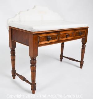 SALESMAN SAMPLE. Miniature (7 1/2 inches tall) Antique Victorian Marble Top Wash Stand or Vanity with Three Inlaid Drawers and Turned Legs, Made by Edward Stott (1838 - 1881) Cabinet Maker and Upholsterer, 110 Yorkshire Street, Rochdale, Manchester UK.  Measures 5" x 9" x 11". (NOTE: This Lot is part of a set (24RH, 25RH, 30RH, 30RHA, 31RH, 32RH).  Lot 60 RHA consists of the ENTIRE SET OF 6 LOTS. If the high bid for Lot 60RHA exceeds the sum of High bids for (24RH, 25RH, 30RH, 30RHA, 31RH, 32RH), they will be sold as a set.  If you have questions about the process, text David at 202-441-5446