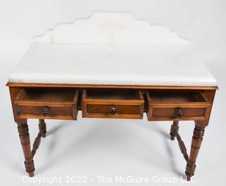 SALESMAN SAMPLE. Miniature (7 1/2 inches tall) Antique Victorian Marble Top Wash Stand or Vanity with Three Inlaid Drawers and Turned Legs, Made by Edward Stott (1838 - 1881) Cabinet Maker and Upholsterer, 110 Yorkshire Street, Rochdale, Manchester UK.  Measures 5" x 9" x 11". (NOTE: This Lot is part of a set (24RH, 25RH, 30RH, 30RHA, 31RH, 32RH).  Lot 60 RHA consists of the ENTIRE SET OF 6 LOTS. If the high bid for Lot 60RHA exceeds the sum of High bids for (24RH, 25RH, 30RH, 30RHA, 31RH, 32RH), they will be sold as a set.  If you have questions about the process, text David at 202-441-5446