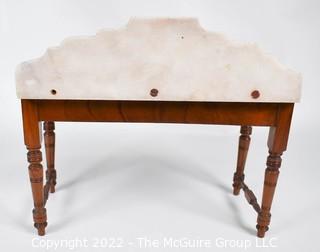 SALESMAN SAMPLE. Miniature (7 1/2 inches tall) Antique Victorian Marble Top Wash Stand or Vanity with Three Inlaid Drawers and Turned Legs, Made by Edward Stott (1838 - 1881) Cabinet Maker and Upholsterer, 110 Yorkshire Street, Rochdale, Manchester UK.  Measures 5" x 9" x 11". (NOTE: This Lot is part of a set (24RH, 25RH, 30RH, 30RHA, 31RH, 32RH).  Lot 60 RHA consists of the ENTIRE SET OF 6 LOTS. If the high bid for Lot 60RHA exceeds the sum of High bids for (24RH, 25RH, 30RH, 30RHA, 31RH, 32RH), they will be sold as a set.  If you have questions about the process, text David at 202-441-5446