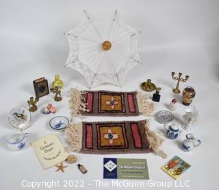 SALESMAN SAMPLE. Group of Victorian Miniatures Including Hand Woven Rugs, Parasol, Porcelains, etc. (NOTE: This Lot is part of a set (24RH, 25RH, 30RH, 30RHA, 31RH, 32RH).  Lot 60 RHA consists of the ENTIRE LOT.  If the high bid for Lot 60RHA exceeds the sum of High bids for (24RH, 25RH, 30RH, 30RHA, 31RH, 32RH), they will be sold as a set.  If you have questions about the process, text David at 202-441-5446