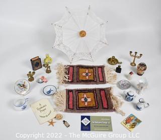 SALESMAN SAMPLE. Group of Victorian Miniatures Including Hand Woven Rugs, Parasol, Porcelains, etc. (NOTE: This Lot is part of a set (24RH, 25RH, 30RH, 30RHA, 31RH, 32RH).  Lot 60 RHA consists of the ENTIRE LOT.  If the high bid for Lot 60RHA exceeds the sum of High bids for (24RH, 25RH, 30RH, 30RHA, 31RH, 32RH), they will be sold as a set.  If you have questions about the process, text David at 202-441-5446