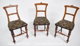 SALESMAN SAMPLE. Three Miniature (7 1/2 inches tall) Antique Dining Chairs with Inlaid Backs and Upholstered Seats, Made by Edward Stott (1838 - 1881) Cabinet Maker and Upholsterer, 110 Yorkshire Street, Rochdale, Manchester UK.  Each measure 8"tall.  One has repairs. (NOTE: This Lot is part of a set (24RH, 25RH, 30RH, 30RHA, 31RH, 32RH).  Lot 60 RHA consists of the ENTIRE SET OF 6 LOTS.  If the high bid for Lot 60RHA exceeds the sum of High bids for (24RH, 25RH, 30RH, 30RHA, 31RH, 32RH), they will be sold as a set.  If you have questions about the process, text David at 202-441-5446