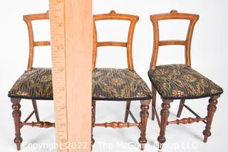 SALESMAN SAMPLE. Three Miniature (7 1/2 inches tall) Antique Dining Chairs with Inlaid Backs and Upholstered Seats, Made by Edward Stott (1838 - 1881) Cabinet Maker and Upholsterer, 110 Yorkshire Street, Rochdale, Manchester UK.  Each measure 8"tall.  One has repairs. (NOTE: This Lot is part of a set (24RH, 25RH, 30RH, 30RHA, 31RH, 32RH).  Lot 60 RHA consists of the ENTIRE SET OF 6 LOTS.  If the high bid for Lot 60RHA exceeds the sum of High bids for (24RH, 25RH, 30RH, 30RHA, 31RH, 32RH), they will be sold as a set.  If you have questions about the process, text David at 202-441-5446