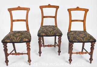 SALESMAN SAMPLE. Three Miniature (7 1/2 inches tall) Antique Dining Chairs with Inlaid Backs and Upholstered Seats, Made by Edward Stott (1838 - 1881) Cabinet Maker and Upholsterer, 110 Yorkshire Street, Rochdale, Manchester UK.  Each measure 8"tall.  One has repairs. (NOTE: This Lot is part of a set (24RH, 25RH, 30RH, 30RHA, 31RH, 32RH).  Lot 60 RHA consists of the ENTIRE SET OF 6 LOTS.  If the high bid for Lot 60RHA exceeds the sum of High bids for (24RH, 25RH, 30RH, 30RHA, 31RH, 32RH), they will be sold as a set.  If you have questions about the process, text David at 202-441-5446