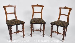 SALESMAN SAMPLE. Three Miniature (7 1/2 inches tall) Antique Dining Chairs with Inlaid Backs and Upholstered Seats, Made by Edward Stott (1838 - 1881) Cabinet Maker and Upholsterer, 110 Yorkshire Street, Rochdale, Manchester UK.  Each measure 8"tall.  One has repairs. (NOTE: This Lot is part of a set (24RH, 25RH, 30RH, 30RHA, 31RH, 32RH).  Lot 60 RHA consists of the ENTIRE SET OF 6 LOTS.  If the high bid for Lot 60RHA exceeds the sum of High bids for (24RH, 25RH, 30RH, 30RHA, 31RH, 32RH), they will be sold as a set.  If you have questions about the process, text David at 202-441-5446