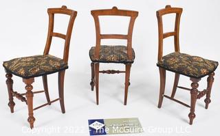 SALESMAN SAMPLE. Three Miniature (7 1/2 inches tall) Antique Dining Chairs with Inlaid Backs and Upholstered Seats, Made by Edward Stott (1838 - 1881) Cabinet Maker and Upholsterer, 110 Yorkshire Street, Rochdale, Manchester UK.  Each measure 8"tall.  One has repairs. (NOTE: This Lot is part of a set (24RH, 25RH, 30RH, 30RHA, 31RH, 32RH).  Lot 60 RHA consists of the ENTIRE SET OF 6 LOTS.  If the high bid for Lot 60RHA exceeds the sum of High bids for (24RH, 25RH, 30RH, 30RHA, 31RH, 32RH), they will be sold as a set.  If you have questions about the process, text David at 202-441-5446