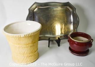 Yellow McCoy Planter, Silver Plate Serving Tray and Red Stoneware Planter. 