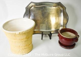 Yellow McCoy Planter, Silver Plate Serving Tray and Red Stoneware Planter. 