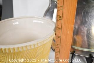 Yellow McCoy Planter, Silver Plate Serving Tray and Red Stoneware Planter. 