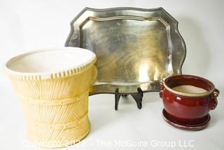 Yellow McCoy Planter, Silver Plate Serving Tray and Red Stoneware Planter. 