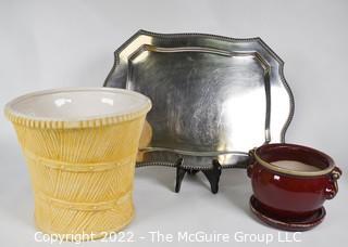 Yellow McCoy Planter, Silver Plate Serving Tray and Red Stoneware Planter. 