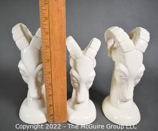 Set of Three (3) Vintage Mid Century Pottery Ram Head Planters or Vases Made in Japan.  9" Tall.