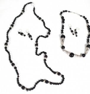 Two (2) Sets of Onyx Bead Necklaces and Coordinating Dangle Earrings with Silver Plated Findings.