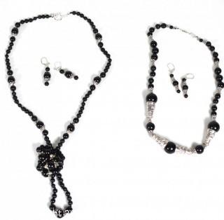 Two (2) Sets of Onyx Bead Necklaces and Coordinating Dangle Earrings with Silver Plated Findings.