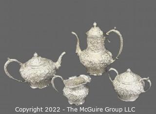 Late 19th c Jacobi & Jenkins Baltimore Sterling Silver 4-Piece Bachelor Tea Set with All-Over Floral Repousse Dense Overlapping Blooms On Stippled Ground. 2416 grams