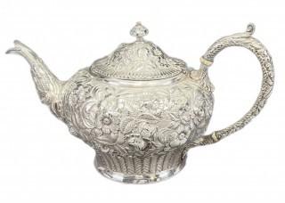 Late 19th c Jacobi & Jenkins Baltimore Sterling Silver 4-Piece Bachelor Tea Set with All-Over Floral Repousse Dense Overlapping Blooms On Stippled Ground. 2416 grams