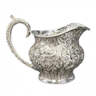 Late 19th c Jacobi & Jenkins Baltimore Sterling Silver 4-Piece Bachelor Tea Set with All-Over Floral Repousse Dense Overlapping Blooms On Stippled Ground. 2416 grams