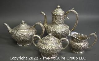 Late 19th c Jacobi & Jenkins Baltimore Sterling Silver 4-Piece Bachelor Tea Set with All-Over Floral Repousse Dense Overlapping Blooms On Stippled Ground. 2416 grams