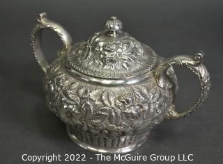 Late 19th c Jacobi & Jenkins Baltimore Sterling Silver 4-Piece Bachelor Tea Set with All-Over Floral Repousse Dense Overlapping Blooms On Stippled Ground. 2416 grams