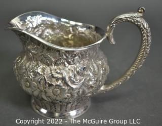 Late 19th c Jacobi & Jenkins Baltimore Sterling Silver 4-Piece Bachelor Tea Set with All-Over Floral Repousse Dense Overlapping Blooms On Stippled Ground. 2416 grams