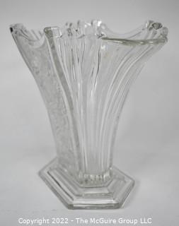 Clear Crystal Glass Fan Vase with Flowers. 8" tall.