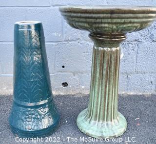 Green Garden Cement Bird Bath and Blue Cement Stand. 