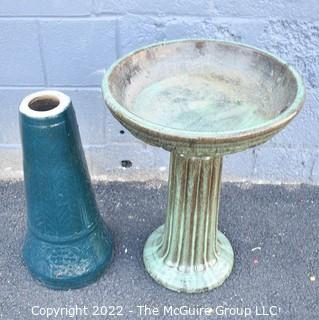 Green Garden Cement Bird Bath and Blue Cement Stand. 