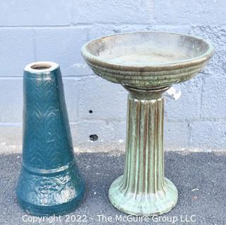 Green Garden Cement Bird Bath and Blue Cement Stand. 