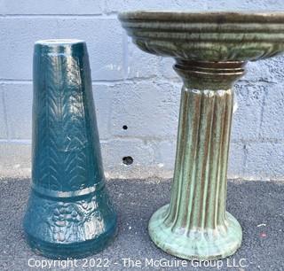 Green Garden Cement Bird Bath and Blue Cement Stand. 