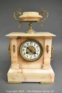 French Alabaster Mantle Clock by Parrot Freres. Handpainted face on porcelain. Presented to John Samuel Wallis, The American Sugar Refining Co., New Orleans.  