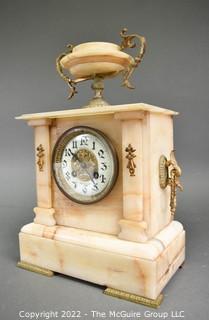 French Alabaster Mantle Clock by Parrot Freres. Handpainted face on porcelain. Presented to John Samuel Wallis, The American Sugar Refining Co., New Orleans.  