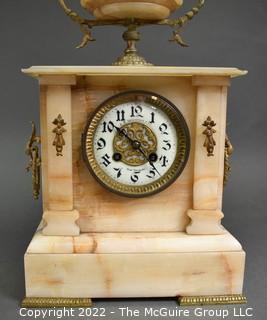 French Alabaster Mantle Clock by Parrot Freres. Handpainted face on porcelain. Presented to John Samuel Wallis, The American Sugar Refining Co., New Orleans.  