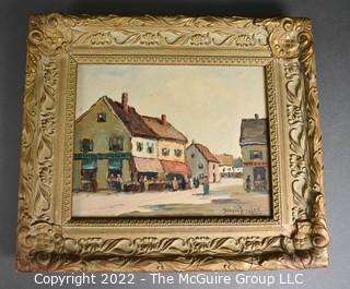 Oil on Board, Streetscape. Framed. Signed Dennis Ainsley