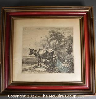 Framed Under Glass Original Etching of a Cowherd Dated 1649 by Paulus Potter.  13 1/2" x 14".