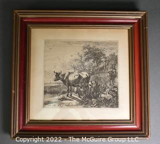 Framed Under Glass Original Etching of a Cowherd Dated 1649 by Paulus Potter.  13 1/2" x 14".