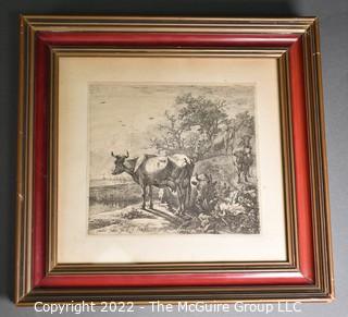 Framed Under Glass Original Etching of a Cowherd Dated 1649 by Paulus Potter.  13 1/2" x 14".