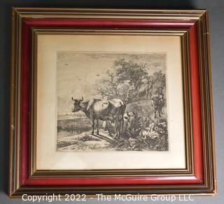 Framed Under Glass Original Etching of a Cowherd Dated 1649 by Paulus Potter.  13 1/2" x 14".