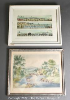 Framed Under Glass Sketch of the Carriages of the Liverpool and Manchester Railroad; Currier and Ives Framed Print of Mill St. 