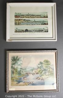 Framed Under Glass Sketch of the Carriages of the Liverpool and Manchester Railroad; Currier and Ives Framed Print of Mill St. 