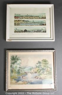 Framed Under Glass Sketch of the Carriages of the Liverpool and Manchester Railroad; Currier and Ives Framed Print of Mill St. 