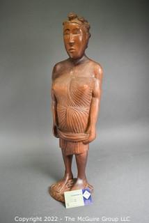 Primitive Hand Carved Wooden Tribal Statue of Women with Baby Strapped to Her Back.  Measures 24" tall.  Ethnographic