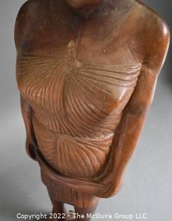 Primitive Hand Carved Wooden Tribal Statue of Women with Baby Strapped to Her Back.  Measures 24" tall.  Ethnographic