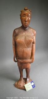 Primitive Hand Carved Wooden Tribal Statue of Women with Baby Strapped to Her Back.  Measures 24" tall.  Ethnographic