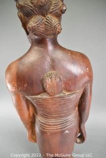 Primitive Hand Carved Wooden Tribal Statue of Women with Baby Strapped to Her Back.  Measures 24" tall.  Ethnographic