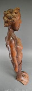 Primitive Hand Carved Wooden Tribal Statue of Women with Baby Strapped to Her Back.  Measures 24" tall.  Ethnographic