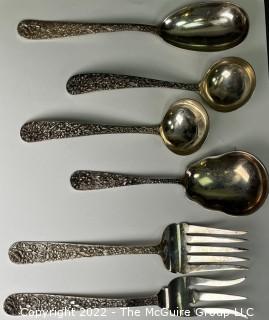 Set of Antique Kirk & Son Sterling Silver Serving Utensils in Repousse Pattern.  584 grams