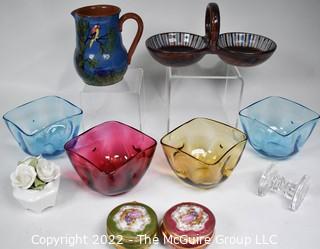 Group of Decorative Glassware and Pottery Including Torquay England Pottery Jug 