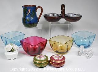 Group of Decorative Glassware and Pottery Including Torquay England Pottery Jug 