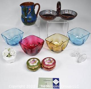 Group of Decorative Glassware and Pottery Including Torquay England Pottery Jug 